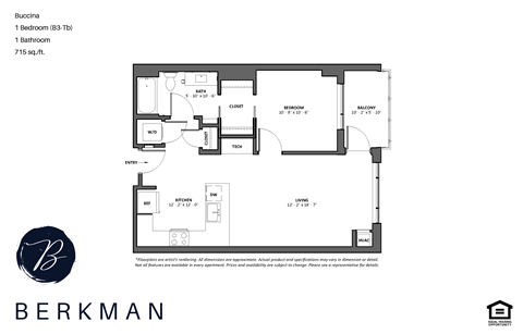 Floor plan for 1 bed, 1 bath, 715 sqft
